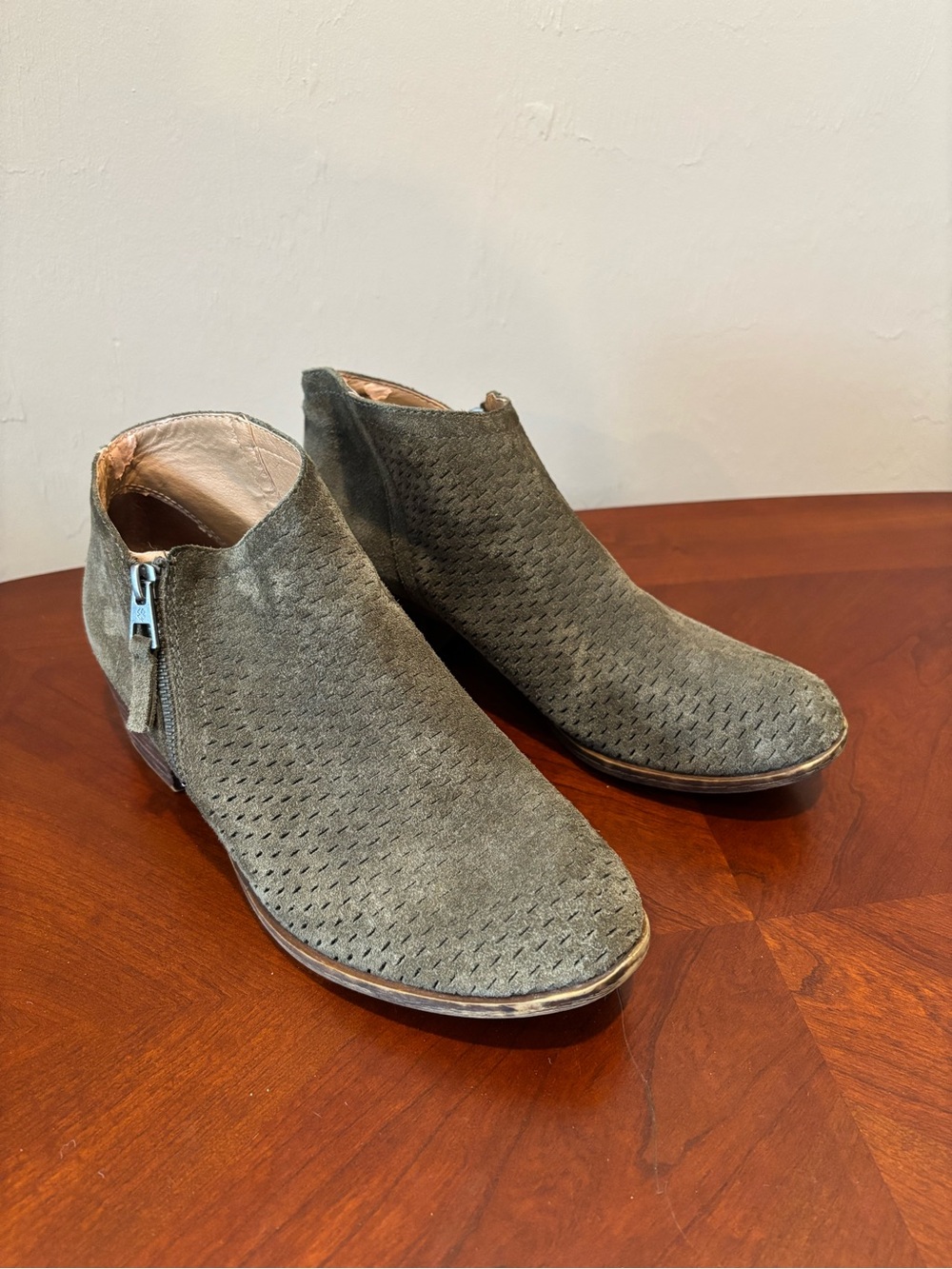 Lucky Brand Suede Perforated Ankle Boots in Olive